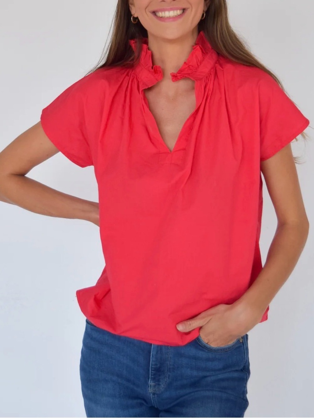 Never A Wallflower Vicki Short Sleeve Top Blouse Red Ruffle Collar Cotton Gauze